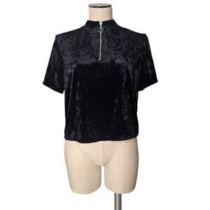 Vintage Y2K DIVIDED black Zip Neck Stretchy Velvet Top Shirt Blouse S
